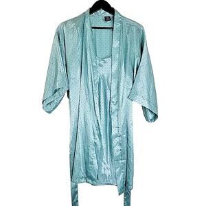 Apt. 9 Nightie Robe Set Large Teal Polka Dot Silky Sleepwear 2 Pc